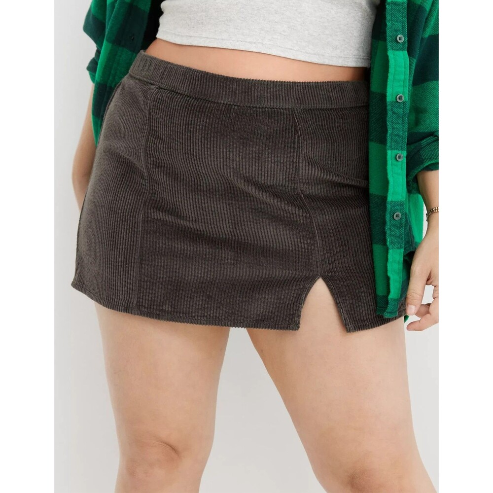 Aerie Women XXL Charcoal Grey Corduroy micro Mini Skirt Cotton Slit NWT BK
